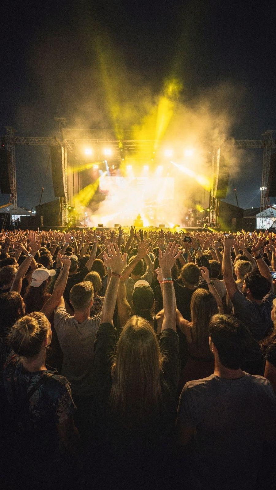 Crowd dancing in front of a lit festival stage at night