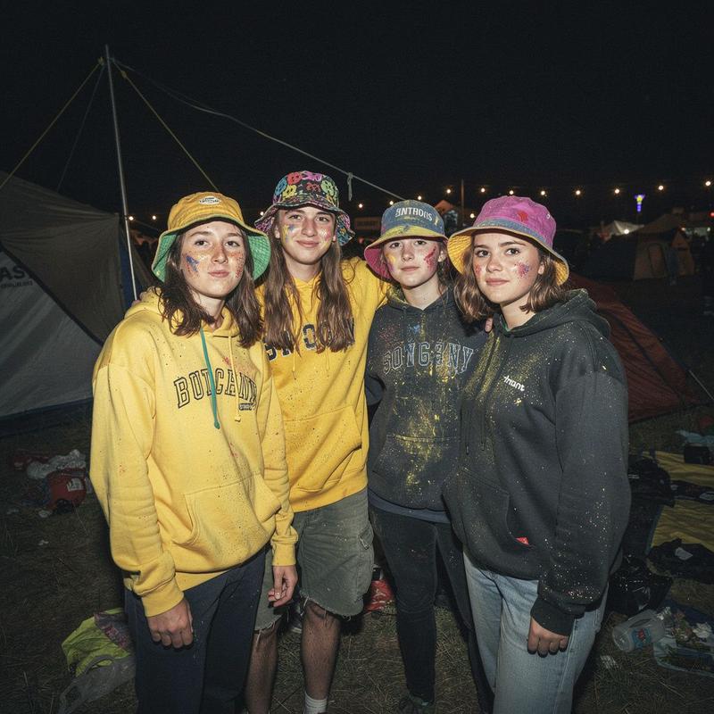 RaveRoute group of young travelers standing together in a festival camping area at night