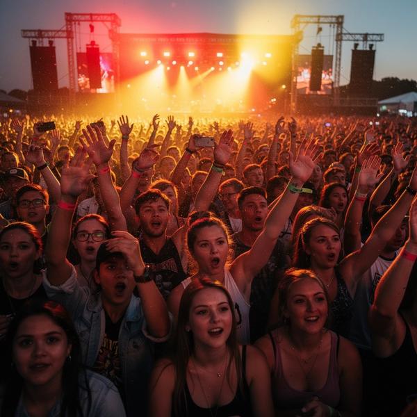Young festival crowd with raised hands under red and yellow stage lights